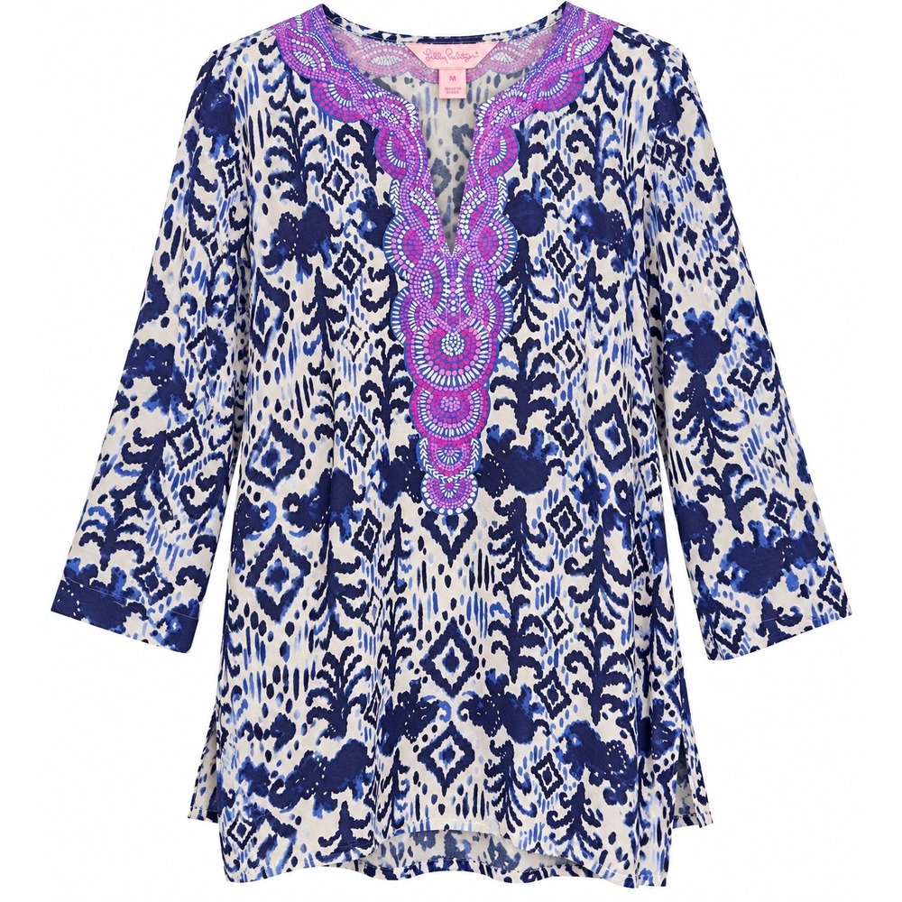 Lilly Pulitzer Tunic Top M Blue Pink 100% Silk Boho Resort Preppy Dopamine